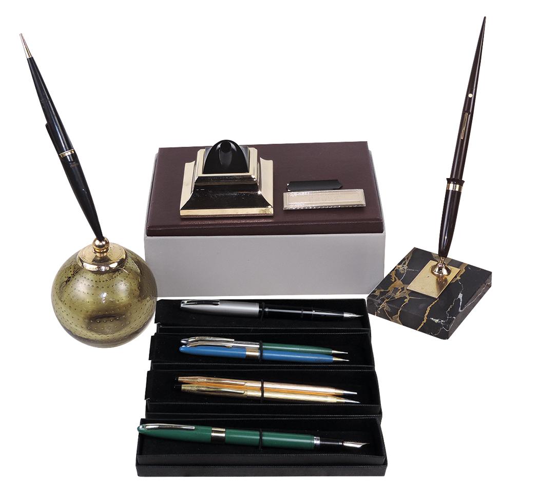 Pens and Desk Sets (9), Parker ballpoint w/paperweight glass base, Sheaffer