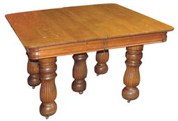 Victorian Oak Dining Table, oak tiger stripe square top w/large fluted balu