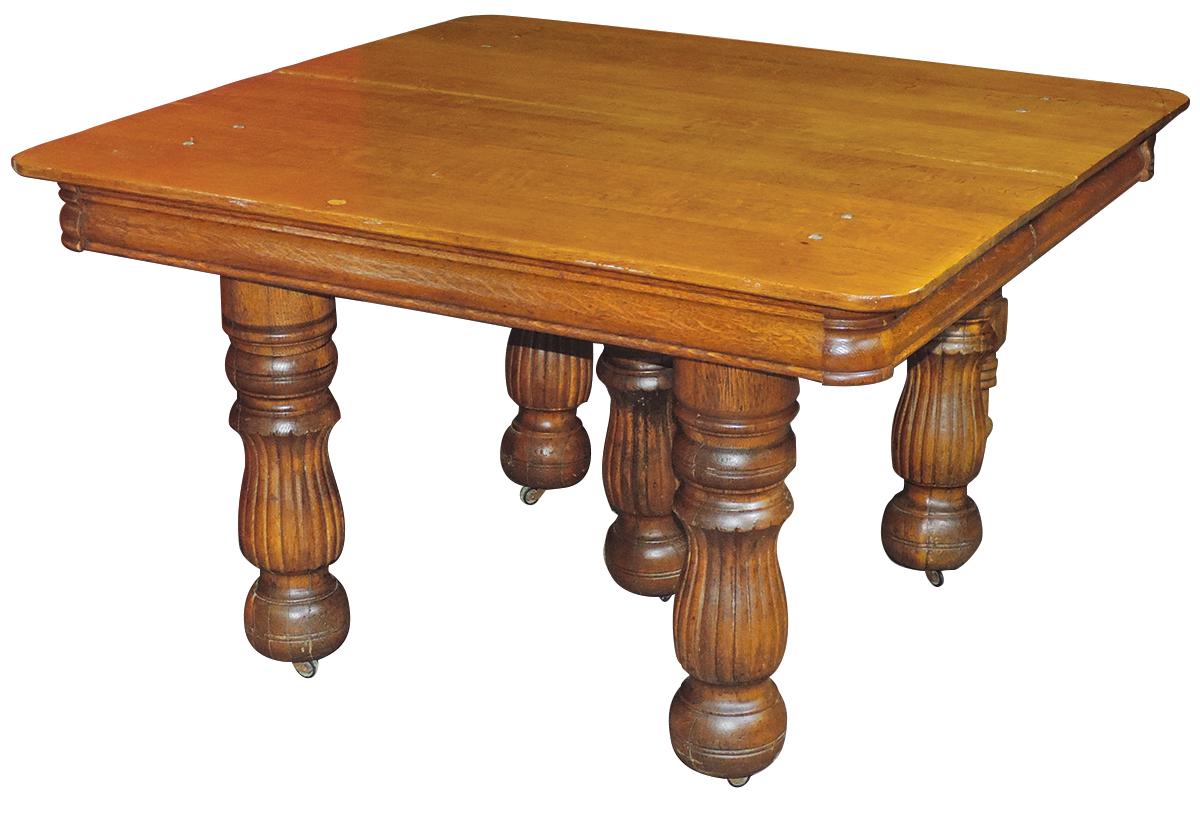 Victorian Oak Dining Table, oak tiger stripe square top w/large fluted balu