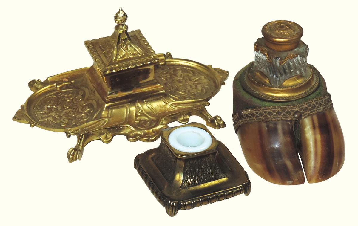 Desk Pen Ink Stands (3), 19th C. horse hoof w/glass well & gilt mounts, cas