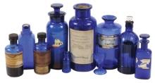 Apothecary Bottles (10), all cobalt blue, incl those w/corks & glass stoppe