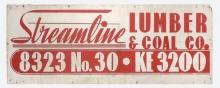 Wood Sign, Streamline Lumber & Coal Co., paint on board, VG cond, 18"H x 48