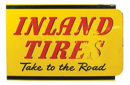 Automobilia Sign, Inland Tires flange, two-sided painted diecut steel, "Tak