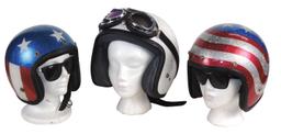 Motorcycle Helmets (3), AFX w/goggles, size L & 2 American flag theme, unma