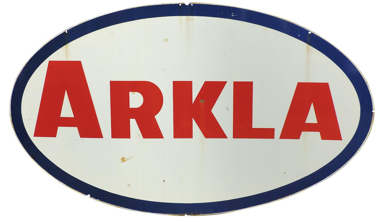 Petroliana Arkla Station Sign, large dbl-sided porcelain oval on steel, VG+