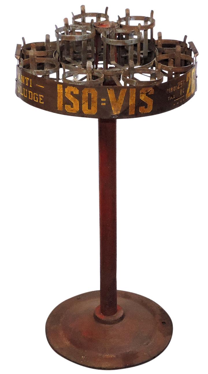 Petroliana, Iso-Vis Oil Bottle Display, Rare, iron & pressed steel carousel w/metal signs