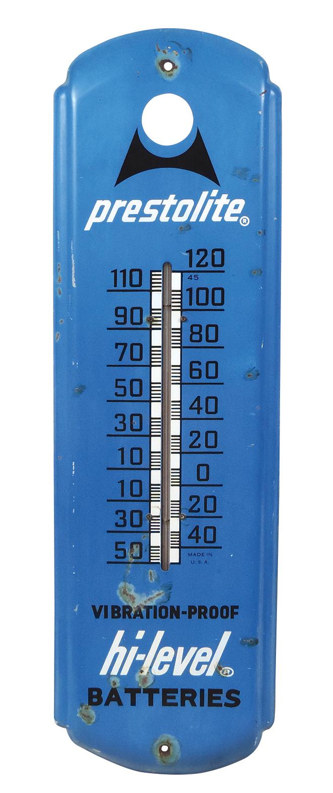 Automobilia Prestolite Thermometer, diecut steel, Good+ working cond, 27"H.