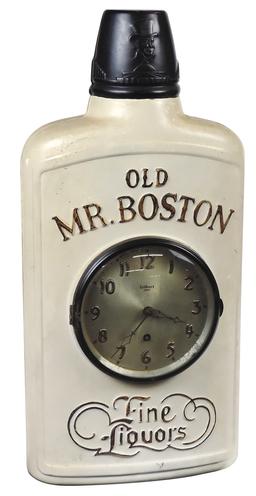 Breweriana Old Mr. Boston Clock, diecast metal flask shaped w/key wind Gilbert