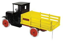 Toy Buddy L Baggage Line Truck, enclosed cab w/stake box, pressed steel, c.