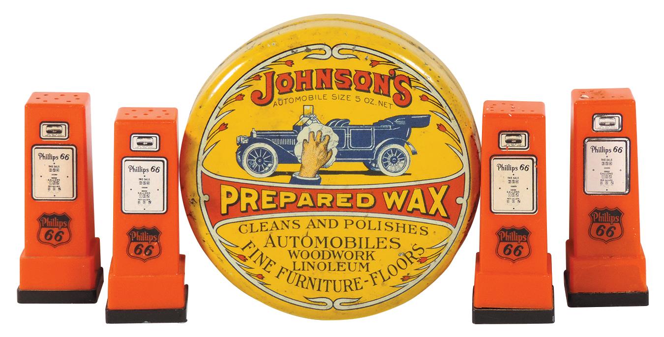 Automotive Smalls, Johnson's Prepared Wax Automobile Size 4 oz tin & 2 pr. Phillip