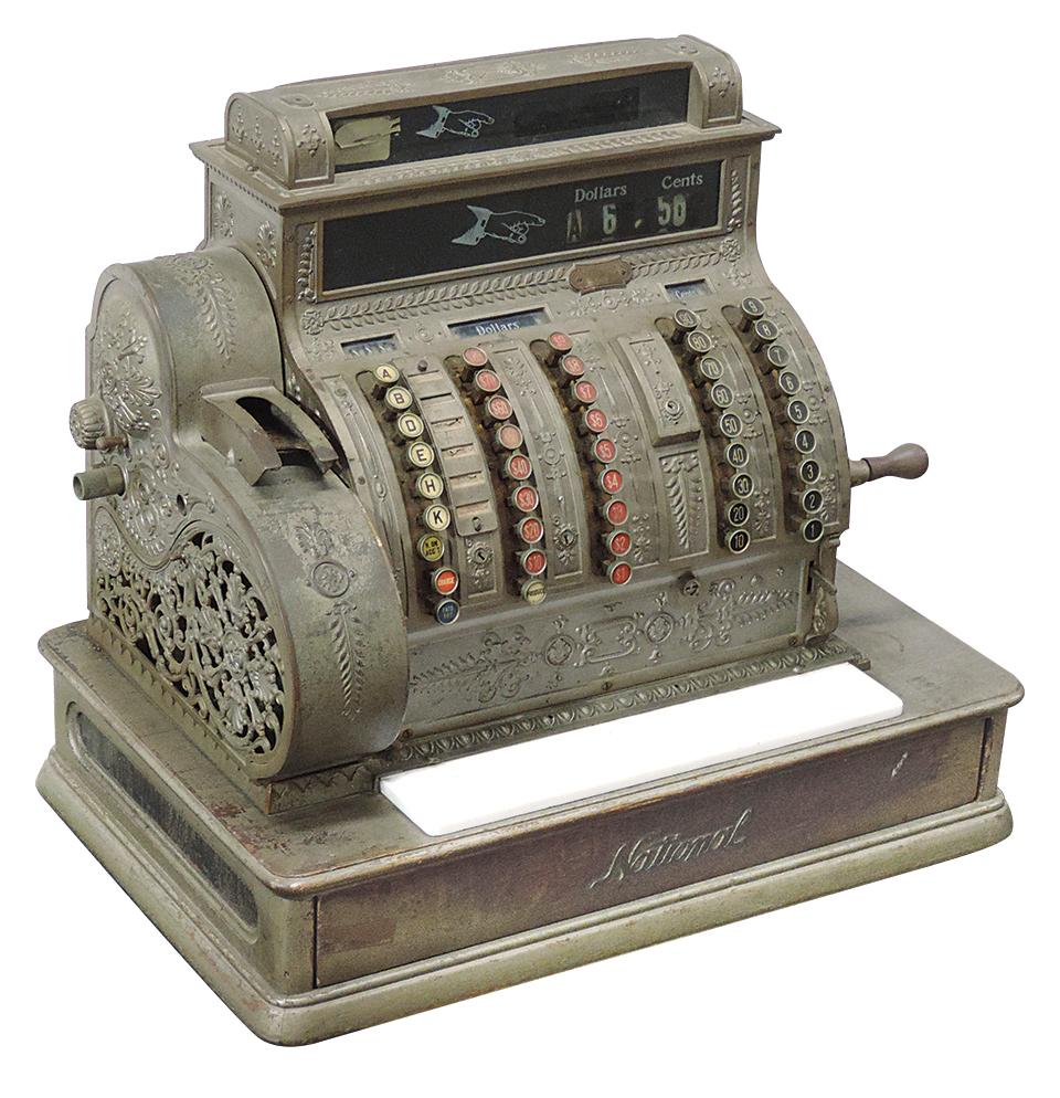 National Cash Register, nickel-plated brass #452 crank machine w/Empire pat