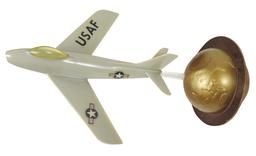 Toy Fighter Jets & Ornament (3), litho on tin friction Navy jet by Bandai,