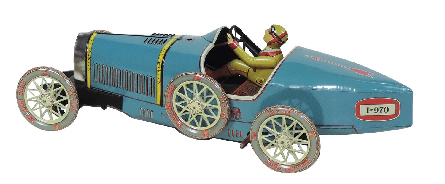 Toy Race Car, Bugatti Open Wheel Racer, mfgd by Paya Spain, litho on tin wi