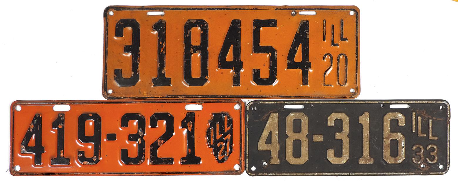 License Plates (3), all Illinois, extra large 1920, 1927 & 1933, all in Goo