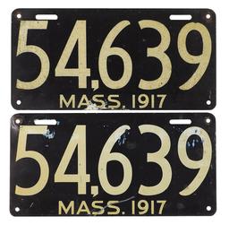 License Plates (2), 1917 Massachusetts set, litho on steel, Good+ cond, 6"H