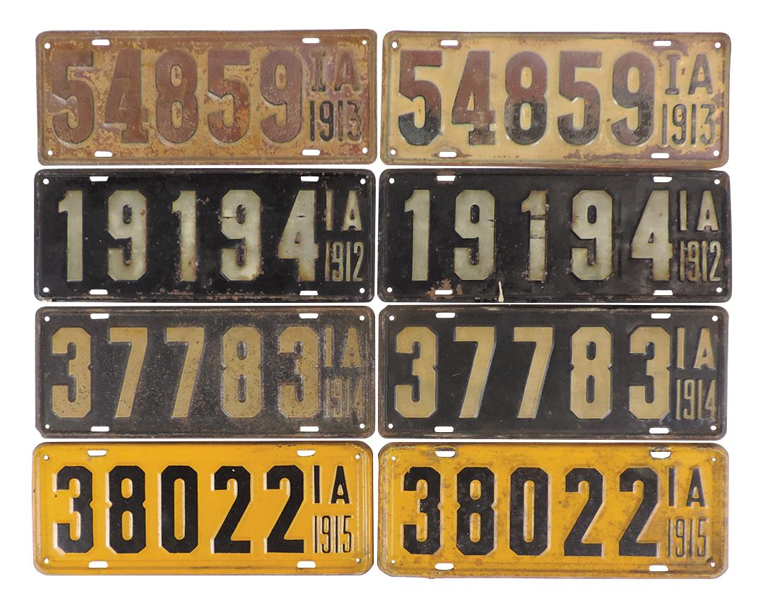 License Plates (8), 4 Iowa sets for 1912-1915, embossed metal, Good to VG co