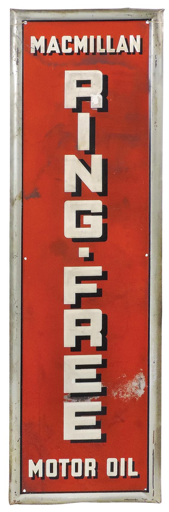 Petroliana Sign, Ring-Free, self-framed embossed tin litho for Macmill