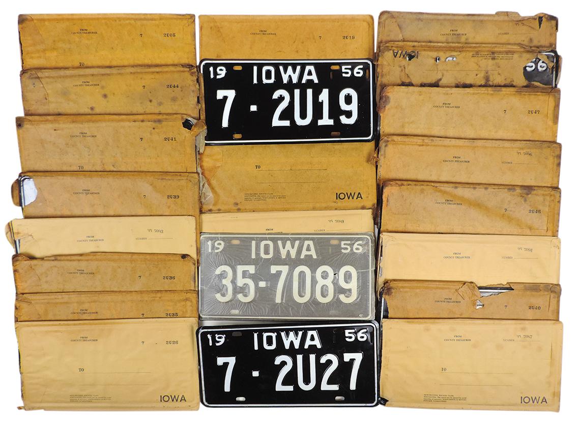 License Plates (19), all Iowa 1956, most singles, some sets, pressed steel,