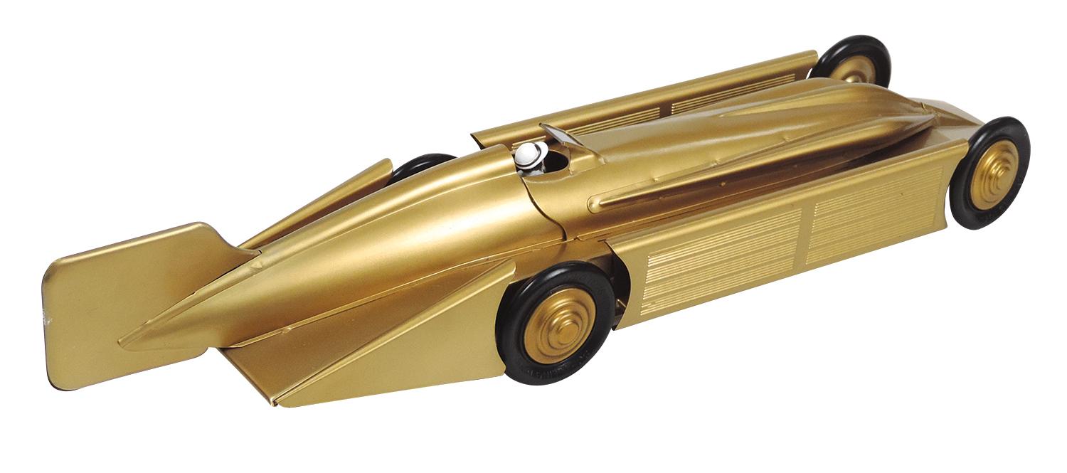 Toy Race Car, Golden Arrow Racer, mfgd by Schylling, pressed steel/tin wind