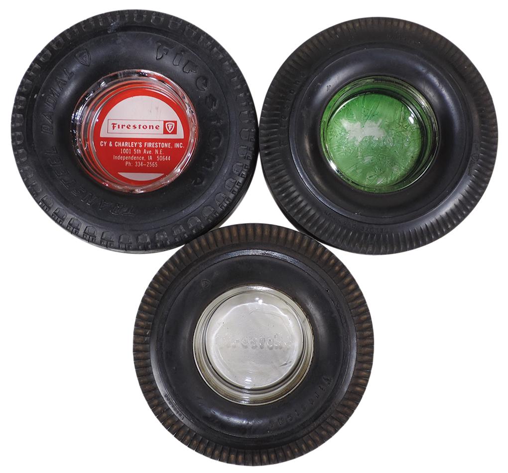 Automobilia Tire Advertising Ashtrays (3), all Firestone, 1 w/enameled glas