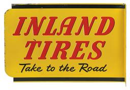 Automobilia Sign, Inland Tires flange, two-sided painted diecut steel, "Tak