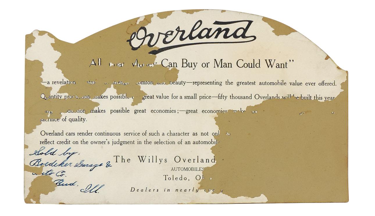 Automobile Diecut, Overland 3-D cdbd w/pull-out car, marked c.1914 by the W