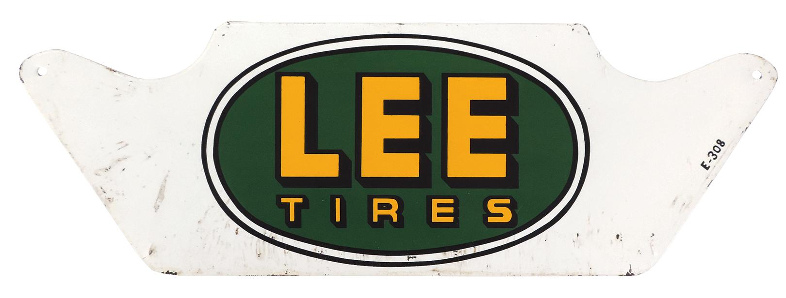 Automobilia Lee Tires Sign, diecut metal, VG cond, 7.75"H x 22.75"W.