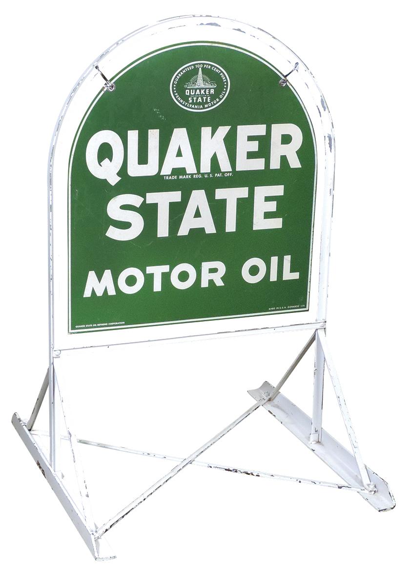 Petroliana Curb Sign, Quaker State Motor Oil, double-sided painted steel ha