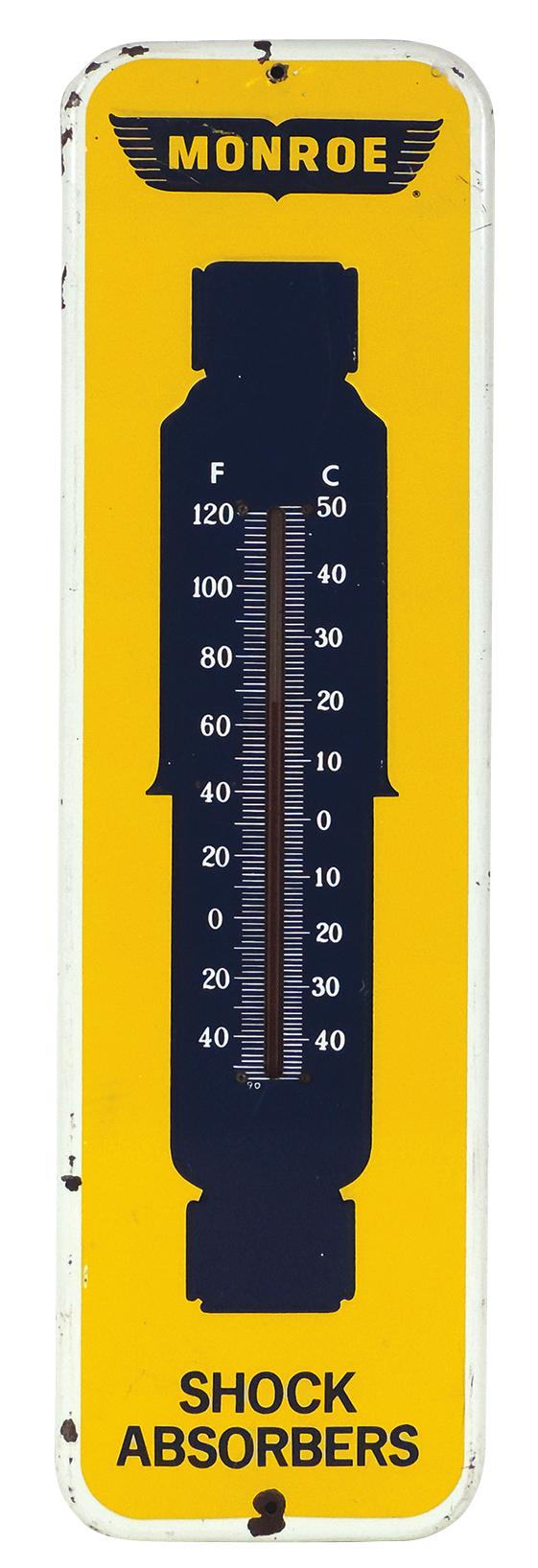 Automobilia Monroe Shock Absorbers Thermometer, diecut embossed metal, VG working co