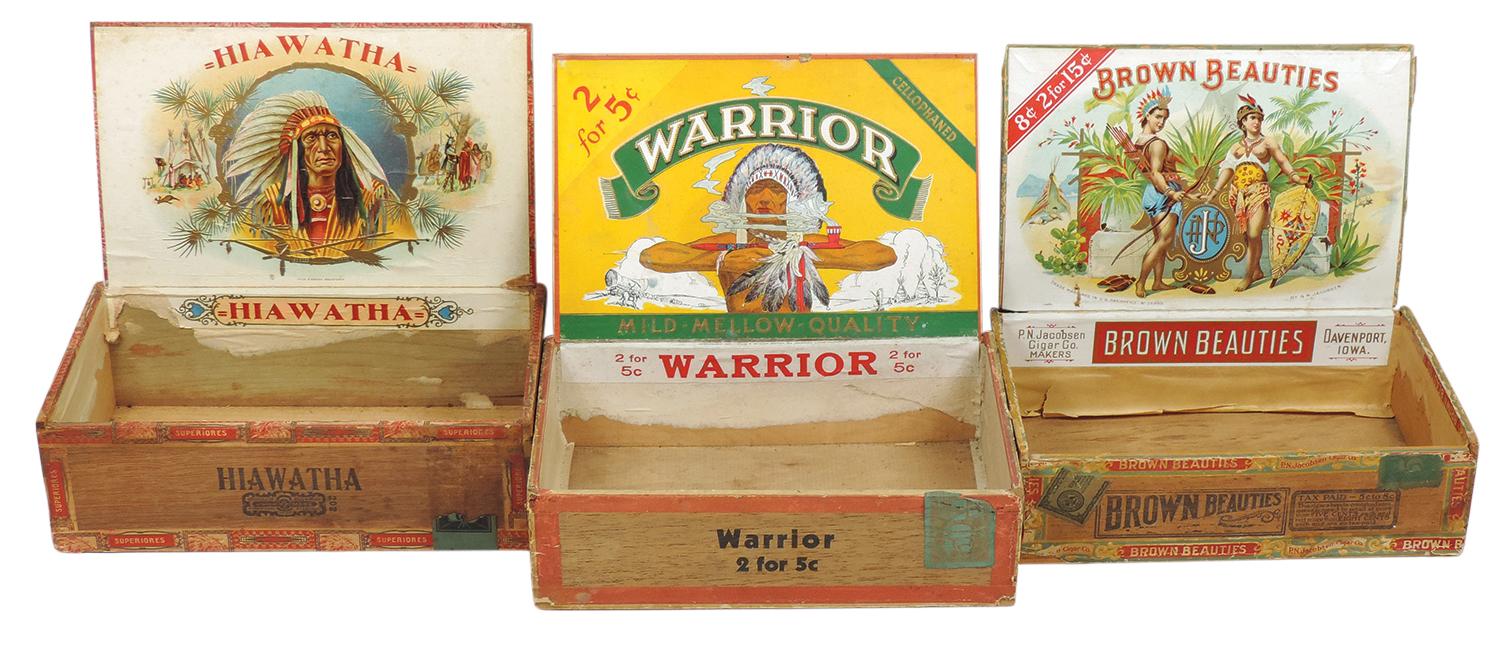 Cigar Boxes (3), all w/Indians, Warrior, Hiawatha & Brown Beauties, early 1