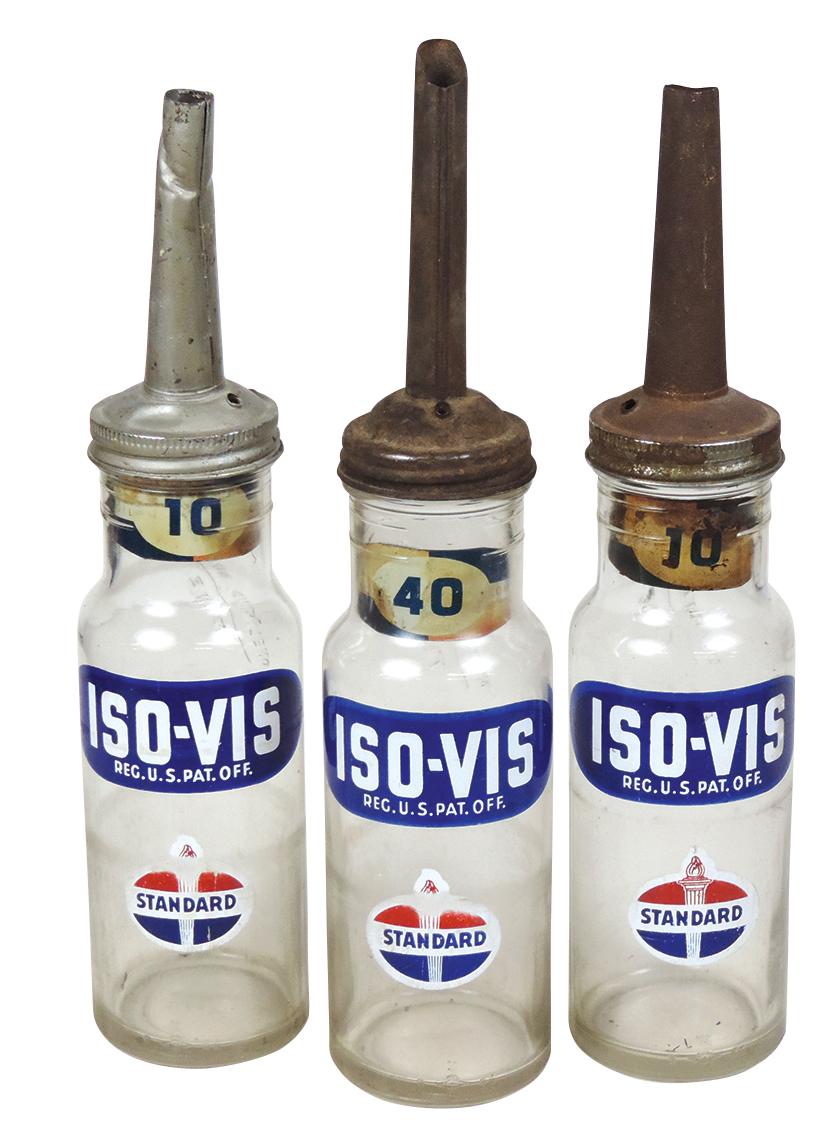 Petroliana Iso-Vis Oil Bottles (3), Standard Oil enameled labels on glass w