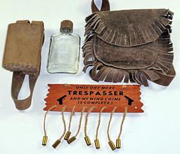 3pc leather pouch, leather cased flask & Sign