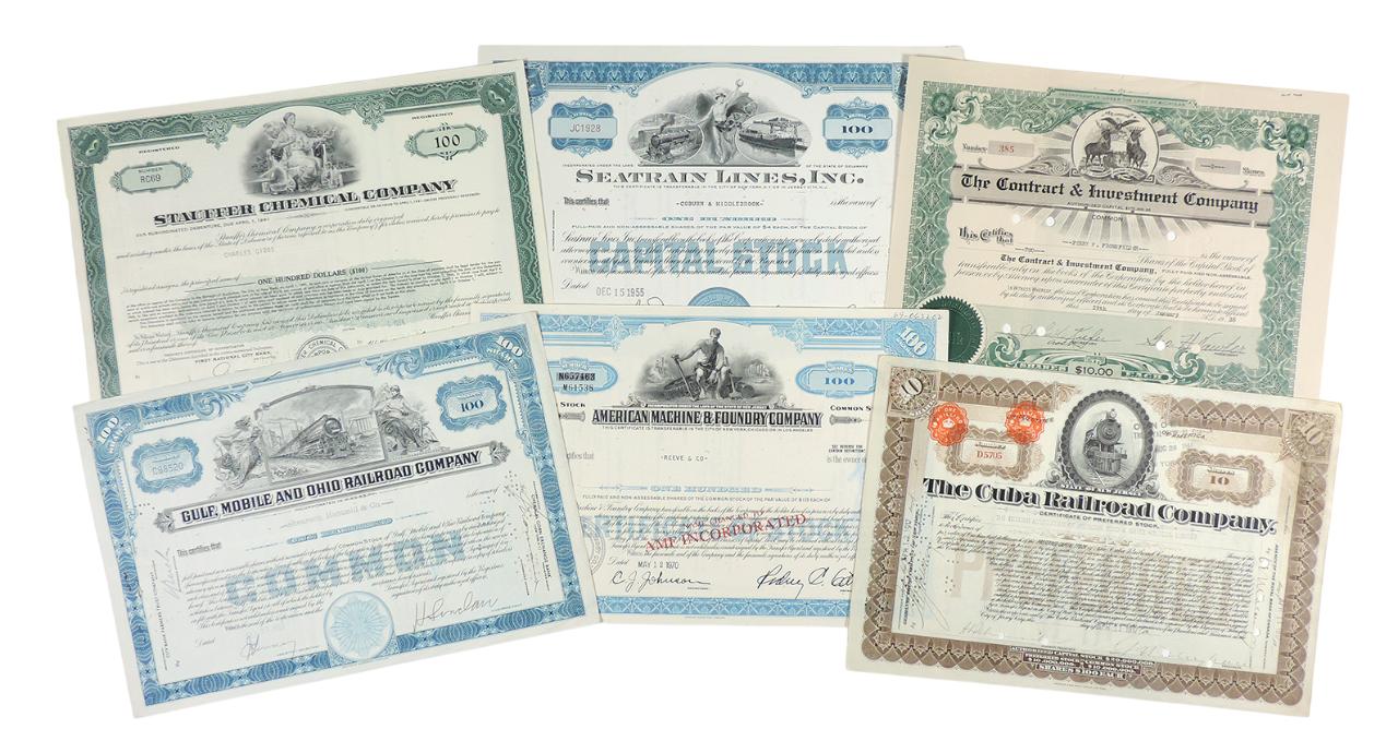 Stock Certificates (6), Gulf, Mobile and Ohio Railroad Company, 100 Shares, c.1957, American Mach...