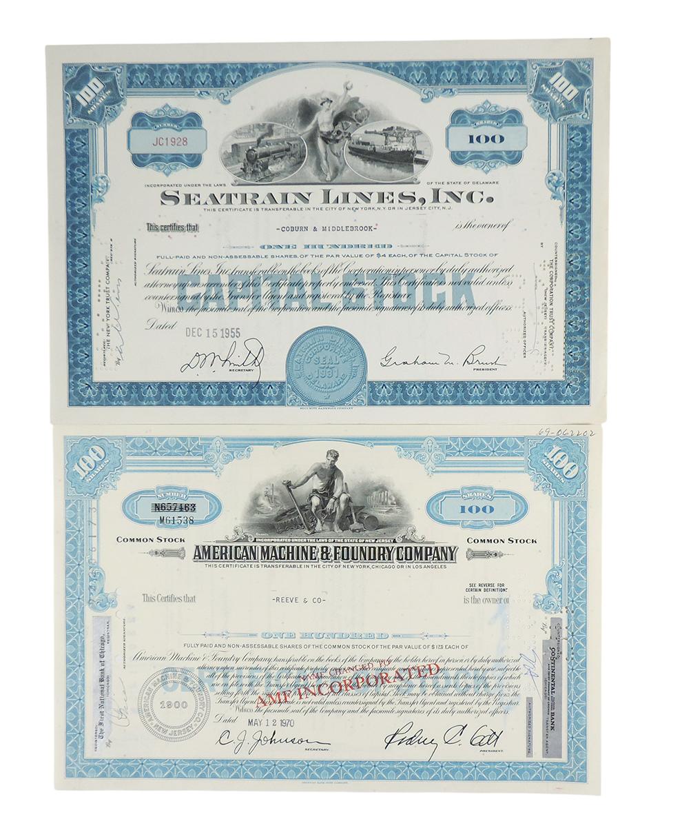 Stock Certificates (6), Gulf, Mobile and Ohio Railroad Company, 100 Shares, c.1957, American Mach...
