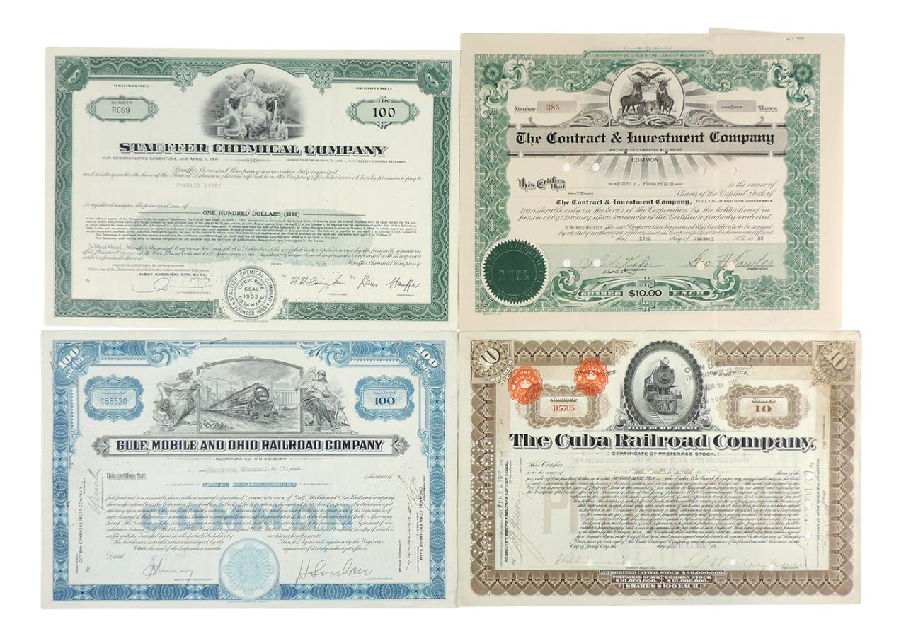 Stock Certificates (6), Gulf, Mobile and Ohio Railroad Company, 100 Shares, c.1957, American Mach...