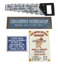 Garage Art (4), Humorous slogans on metal, Exc cond, largest L 22 in.