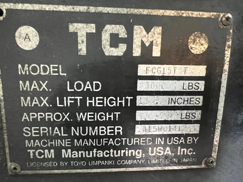 TCM FCG15 Forklift Model F-CG15T8T Serial No A15W01412