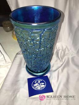 Orient & Flume Art Glass 10 in vase blue Irissene signed and numbered