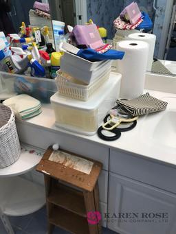 Cleaning supplies/baskets/shelf/step ladder/towels/wash cloths-bathroom