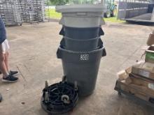 6 garbage cans, 3 lids, 2 sets of  wheels
