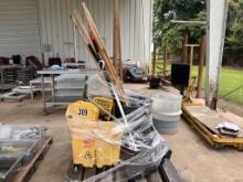 2 mop buckets, garbage can, misc mops, brooms