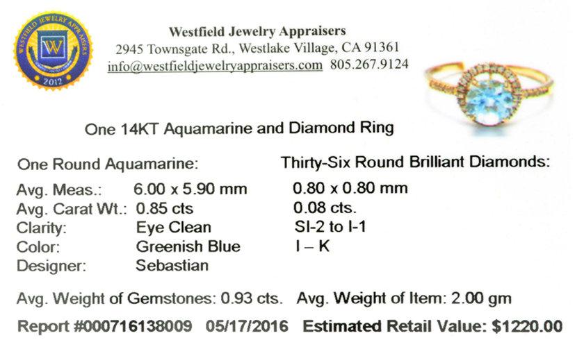 Fine Jewelry Designer Sebastian 14KT Gold, 0.93CT Round Cut Blue Aquamarine And Diamond Ring