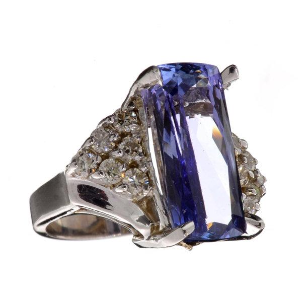 APP: 19.2k 14 kt. White Gold, 7.77CT Rectangular Cushion Cut Tanzanite And 0.47CT Diamond Ring