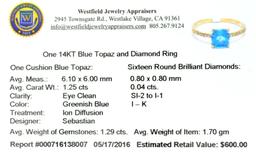 APP: 0.6k Fine Jewelry Designer Sebastian 14KT Gold, 1.29CT Blue Topaz And Diamond Ring