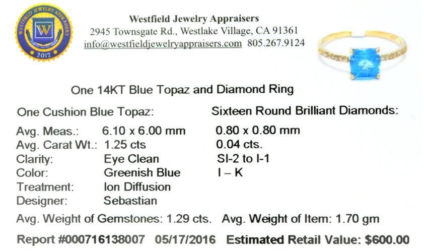 APP: 0.6k Fine Jewelry Designer Sebastian 14KT Gold, 1.29CT Blue Topaz And Diamond Ring