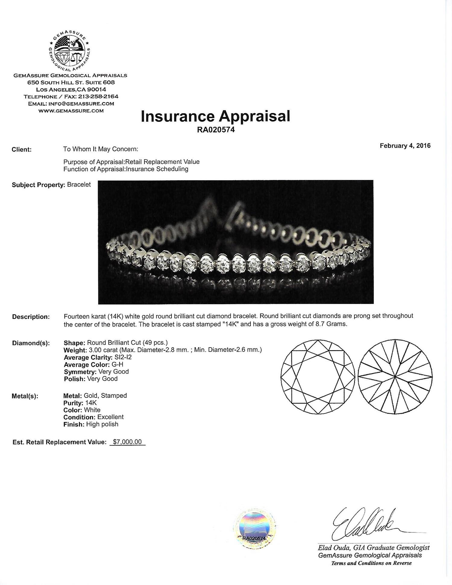APP: 7k *Fine Jewelry 14KT White Gold, 3.00CT Round Brilliant Cut Diamond Bracelet (VGN A-38)