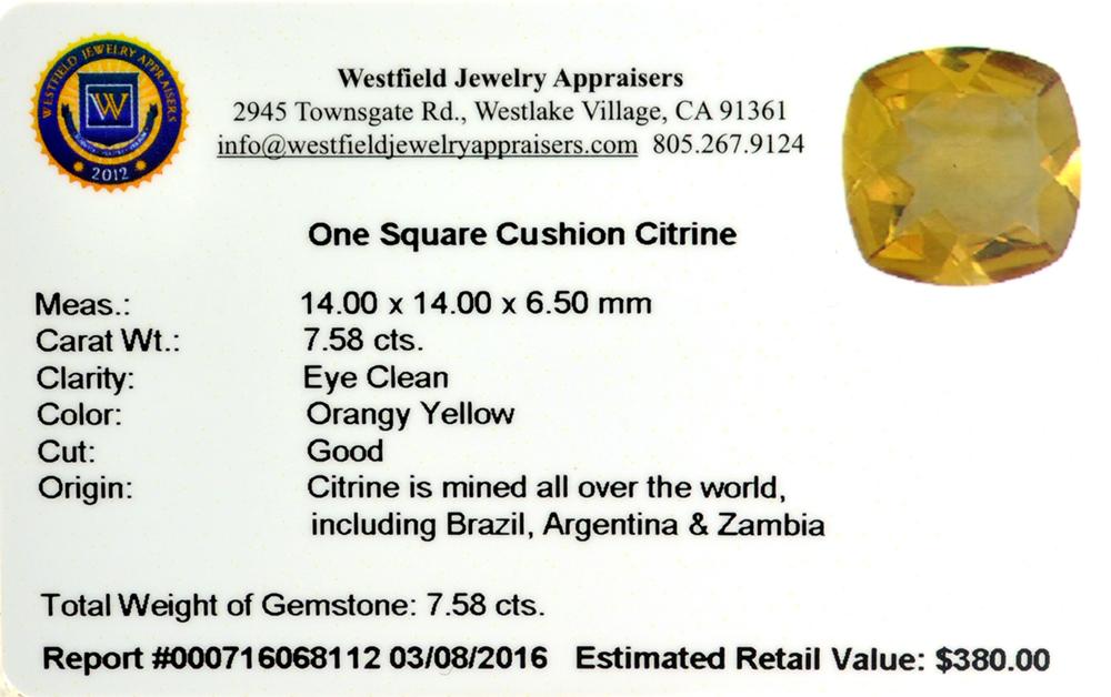 APP: 0.4k 7.58CT Square Cushion Cut Citrine Gemstone