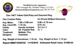 Designer Sebastian 14 KT Gold 1.15CT Cushion Cut Ruby and 0.01CT Round Brilliant Cut Diamond Ring