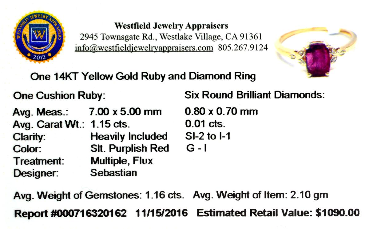 Designer Sebastian 14 KT Gold 1.15CT Cushion Cut Ruby and 0.01CT Round Brilliant Cut Diamond Ring