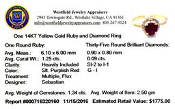Designer Sebastian 14 KT Gold, 1.25CT Round Cut Ruby and 0.09CT Round Brilliant Cut Diamond Ring